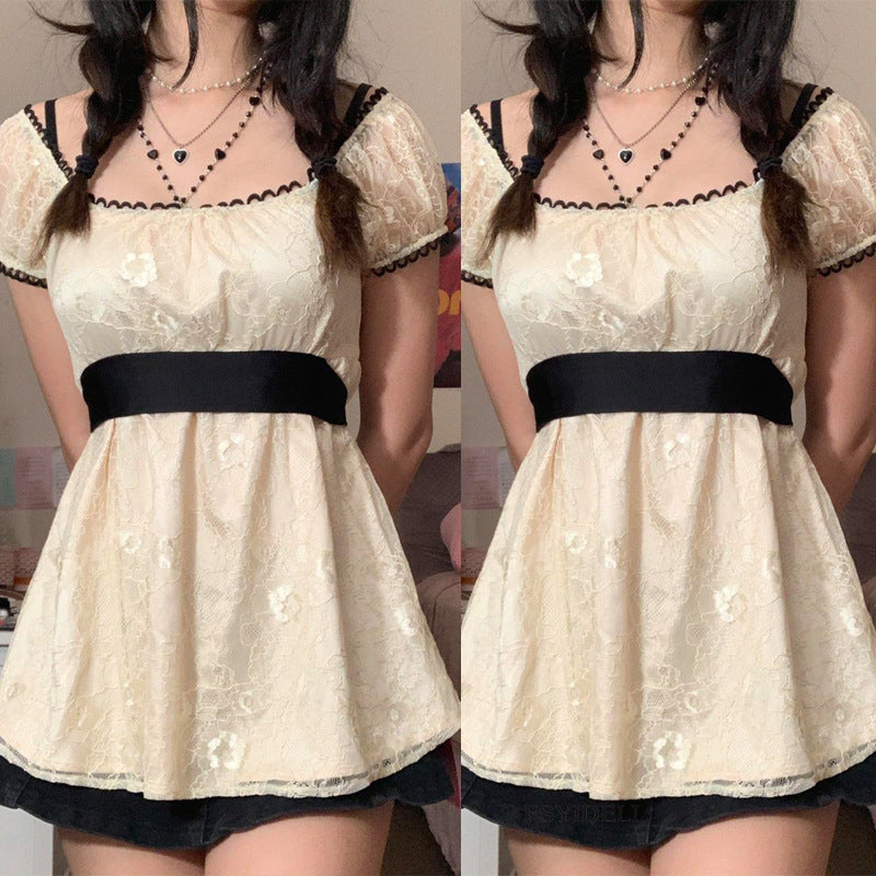 lovwvol pop culture dress to impress New Lace Top Women's Tight Waist Mesh Lace Shirt Mid-Length Short Sleeve Lace T-shirt