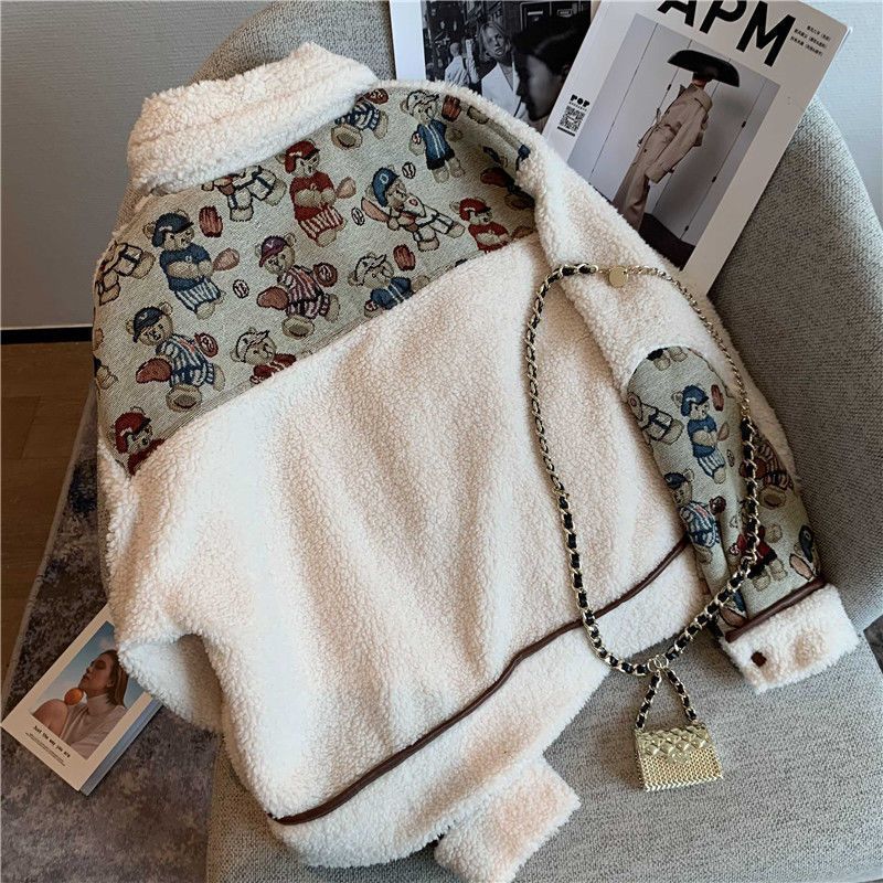 lovwvol 2000s fashion Girls' Fleece-Lined Coat New Autumn and Winter Lamb Wool Girls' All-Match Top Children's Sweater