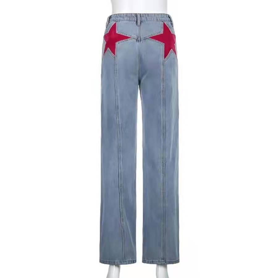 lovwvol frat outfits Spring New Retro Mid-Waist Back Five-Corner Contrast Color Trousers Casual Denim Flared Pants