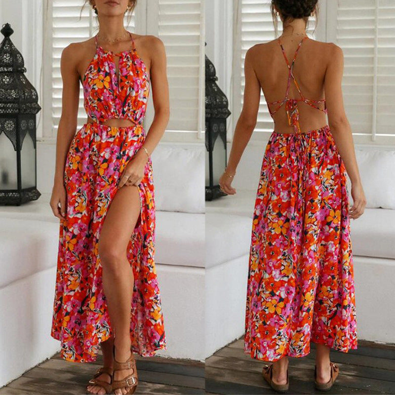 lovwvol rainforest dress to impress Summer Women's Halter Red Printed Sexy Backless Waist-Tight Large Swing Beach Dress