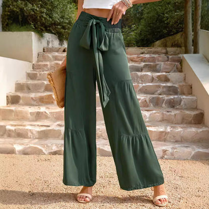 lovwvol western outfits women Summer Women's Fashion Lace-up Stitching High Waist Pleated Wide-Leg Pants Casual Solid Color Loose Trousers