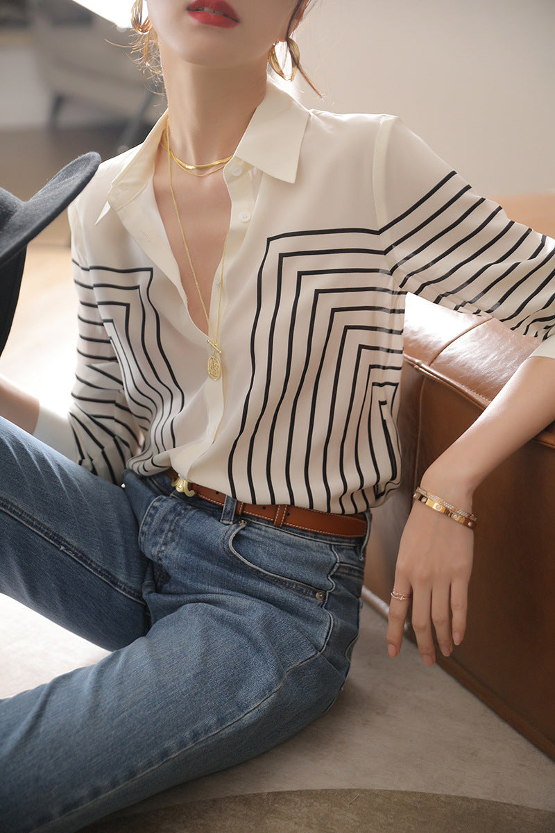 lovwvol summer outfits inspo Shirt Women's New Spring and Autumn Long Sleeve Loose Retro Fashion Casual Temperament Autumn and Winter Striped Top