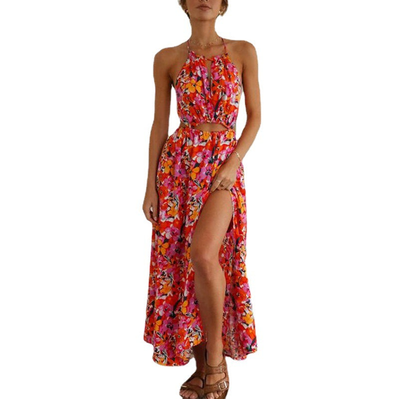 lovwvol rainforest dress to impress Summer Women's Halter Red Printed Sexy Backless Waist-Tight Large Swing Beach Dress