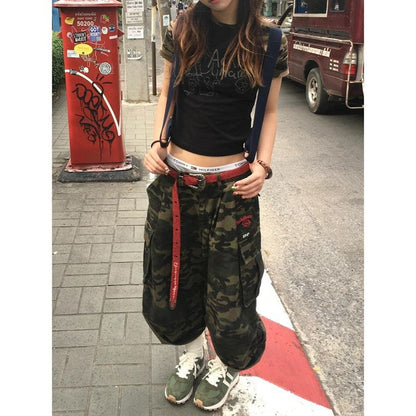 lovwvol grunge dti Plus Size Retro High Street Camouflage Workwear Cropped Jeans Women's mm Casual All-Match Loose Wide-Leg Pants