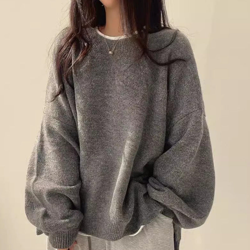 lovwvol fall fashion Chic Autumn and Winter French Style Lazy round Neck Side Slit Loose Casual All-Match Long Sleeve Warm Knitted Sweater