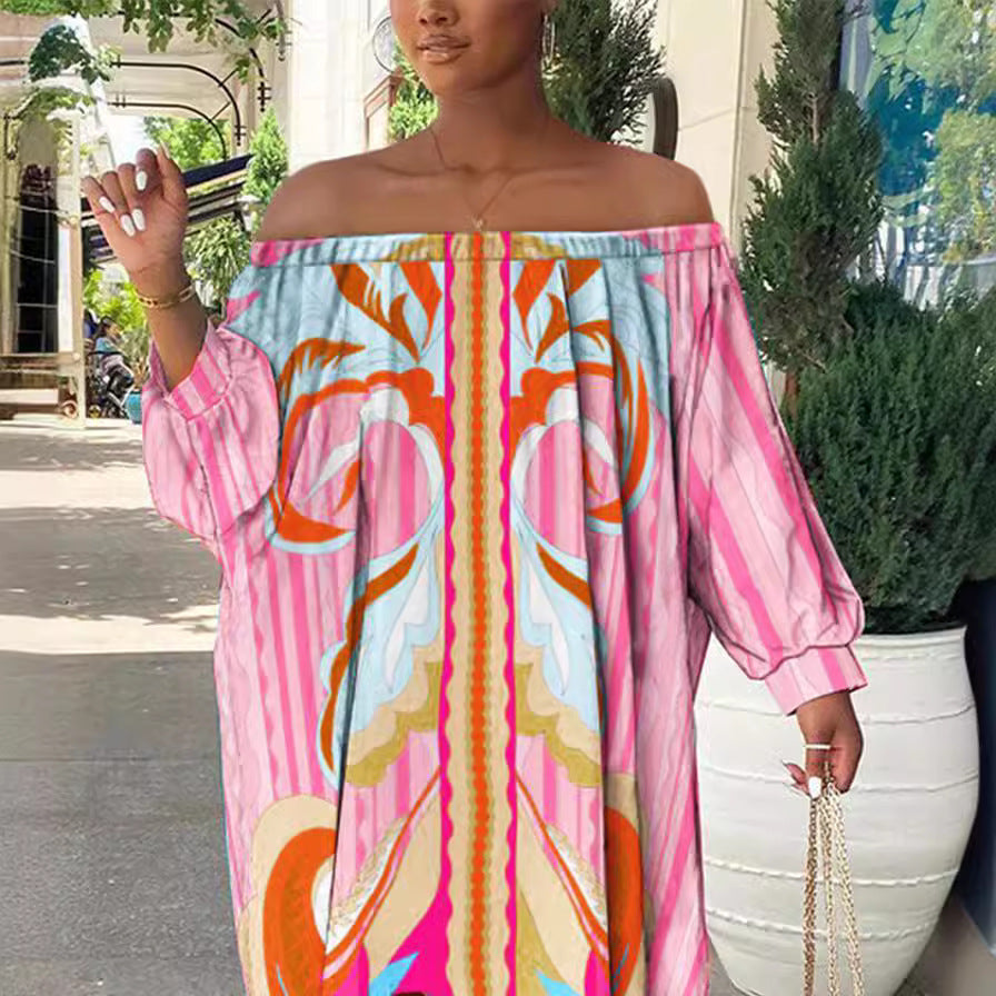 2025New women's clothing new season  new pink one-word shoulder printing medium and long dress loose long-sleeved dress