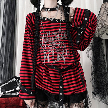 lovwvol y2k Rabbit Assassin Virtual Butterfly Asian Culture Hot Girl Punk Loose off-Shoulder Embroidered Black and Red Striped Early Autumn Long-Sleeved Top