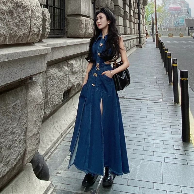 lovwvol frat boy outfits American Hot Girl Hollow-out Waist Denim Dress Women's Summer New Retro Temperament Sleeveless Split Dress