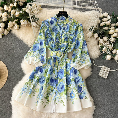 lovwvol Summer Holiday Linen Dress Women Clothing Stand Ruffles Long Lantern Sleeve Flower Print Single Breasted Belt Mini Vestidos