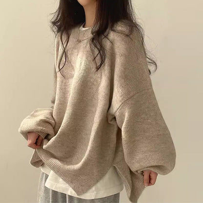 lovwvol fall fashion Chic Autumn and Winter French Style Lazy round Neck Side Slit Loose Casual All-Match Long Sleeve Warm Knitted Sweater