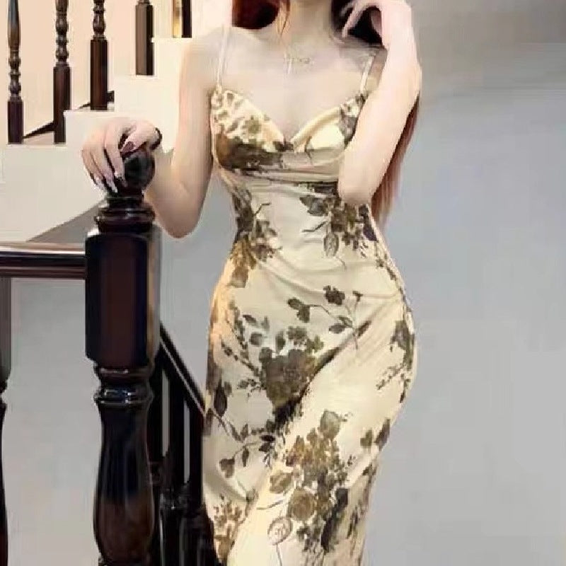 lovwvol y2k outfits French Style Light Mature Artistic Conception Oil Painting Retro Dress Swing Collar Slim Waist Strap Mid-Length Elegant New Chinese Style