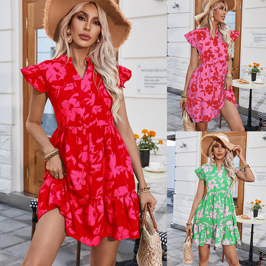 New Popular trade 2025 women's clothing popular spring and summer new lotus leaf sleeve V-neck loose waist printed dress