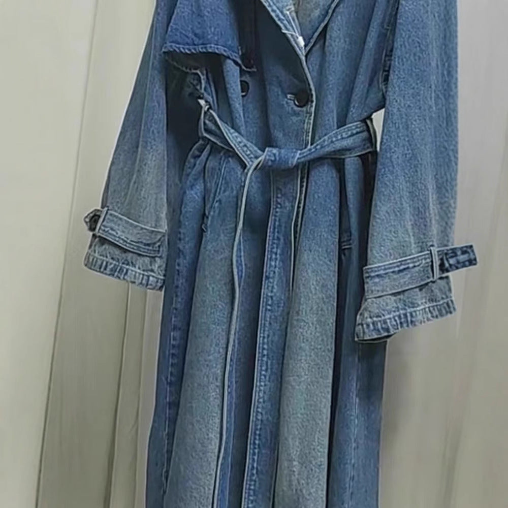 lovwvol outfit inspo European Wash Blue Denim Long Trench Coat Women's Autumn Elegant High-Grade Retro Casual Double Breasted Denim Overcoat