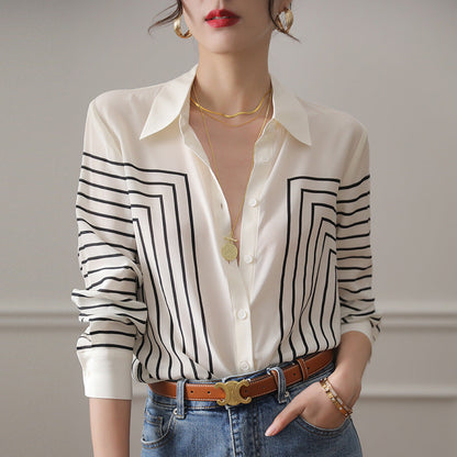 lovwvol summer outfits inspo Shirt Women's New Spring and Autumn Long Sleeve Loose Retro Fashion Casual Temperament Autumn and Winter Striped Top