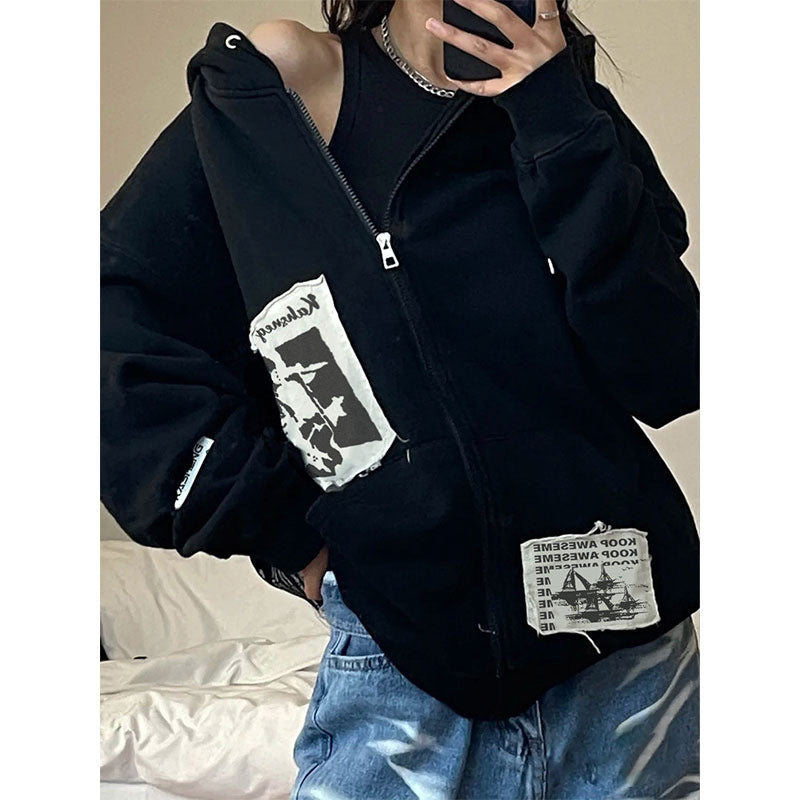 lovwvol 90s streetwear Baseball Uniform Cardigan Coat Women's Spring and Autumn Wide Zipper Loose Lazy Style Hooded Sweater