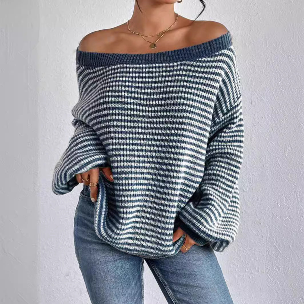 lovwvol fall sweater Off-Neck Sweater Versatile Loose Contrast Color Striped Lantern Sleeve Lazy Style Sweater for Women