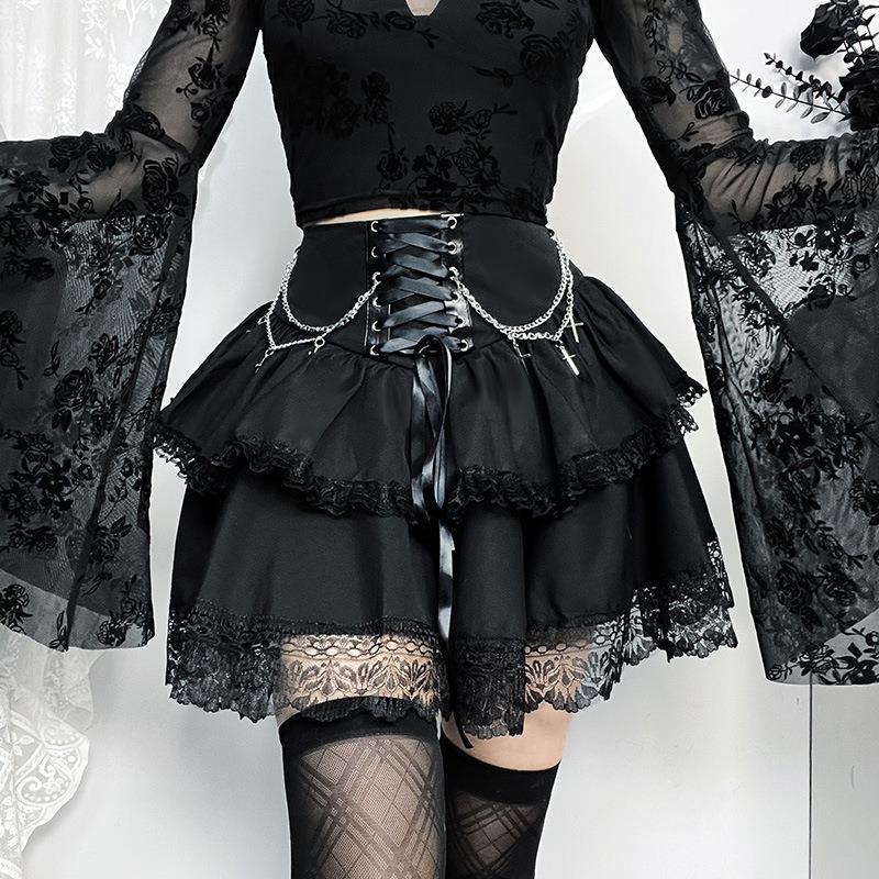 lovwvol grunge outfits  Autumn New Halloween Party Style Hipster Slim-Fit Chain Cross Double-Layer Gothic Skirt for Women