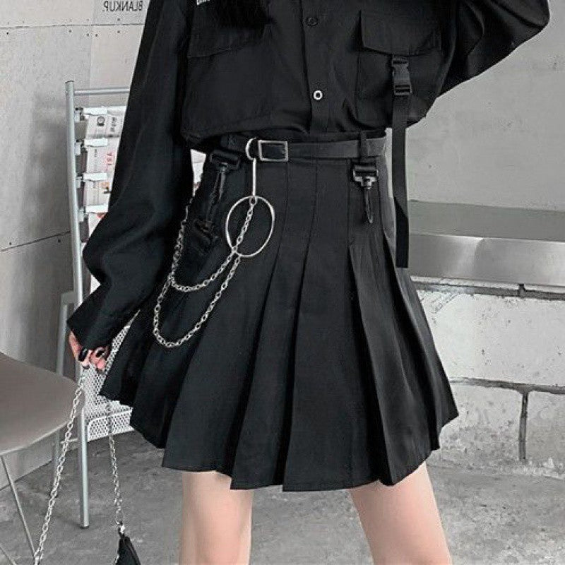 lovwvol grunge outfits Black Pleated Skirt Female Summer Student Skirt Uniform Skirt Hot Girl Tooling High Waist Word Skirt Fashion