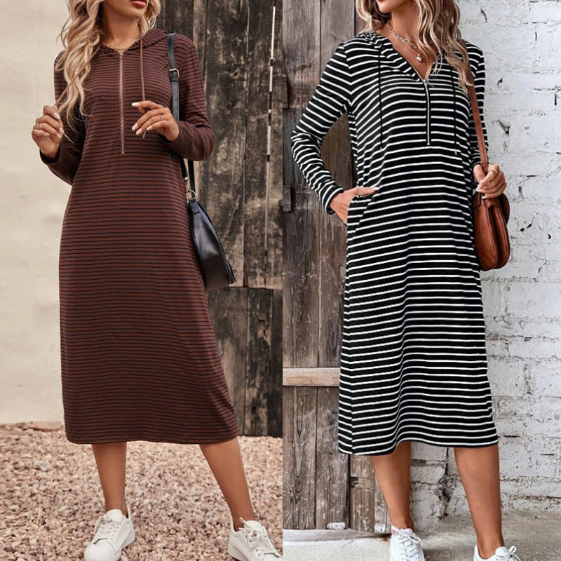 Popular trade  independent station popular 2025 autumn striped hooded slim-fitting fashion long-sleeved dress women