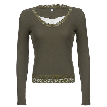 lovwvol grunge dti Women's Spring New Gray Green V-neck Tight Waist Lace Knitted Top