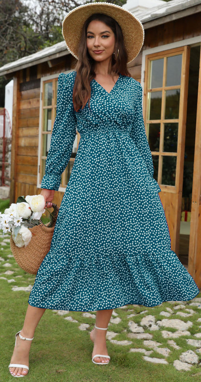 Popular trade  New popular 2025 autumn polka dot printing elegant V-neck holiday dress