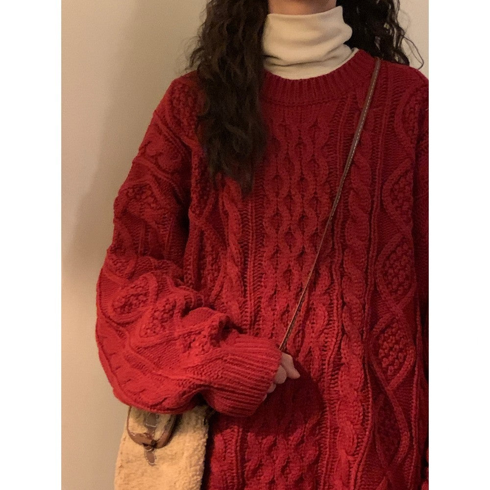 lovwvol fall sweater Red Twist Sweater Women's Autumn and Winter New Year All-Matching Thickened Japanese Style Lazy Retro Loose High-Grade Top