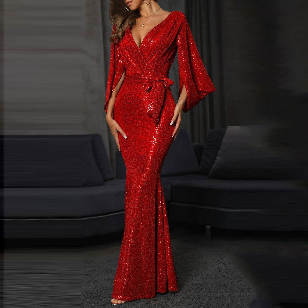 2025New summer new  dress sexy split solid color sequins long floor mopping evening dress