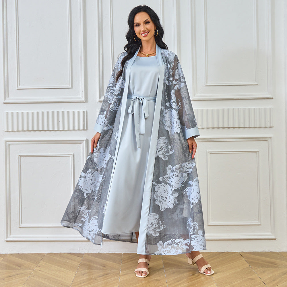 New Middle East New Muslim abaya robe dress floral casual dress cardigan two-piece women's clothing