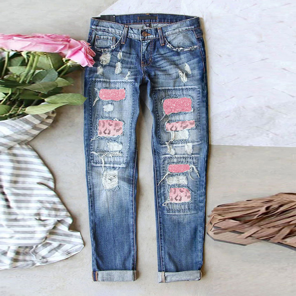 2025 Spring New Ripped Jeans Women's Express  Hot Sale Printed Patch Casual Versatile Pants