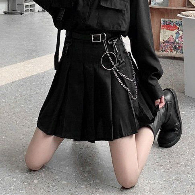 lovwvol grunge outfits Black Pleated Skirt Female Summer Student Skirt Uniform Skirt Hot Girl Tooling High Waist Word Skirt Fashion