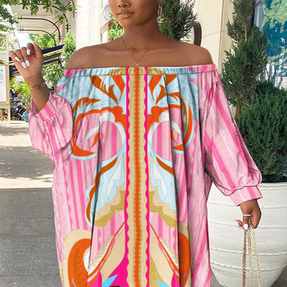 2025New women's clothing new season  new pink one-word shoulder printing medium and long dress loose long-sleeved dress