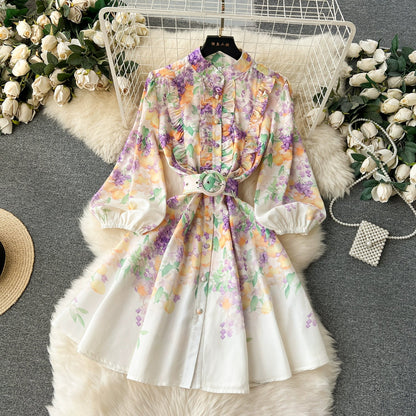 lovwvol Summer Holiday Linen Dress Women Clothing Stand Ruffles Long Lantern Sleeve Flower Print Single Breasted Belt Mini Vestidos