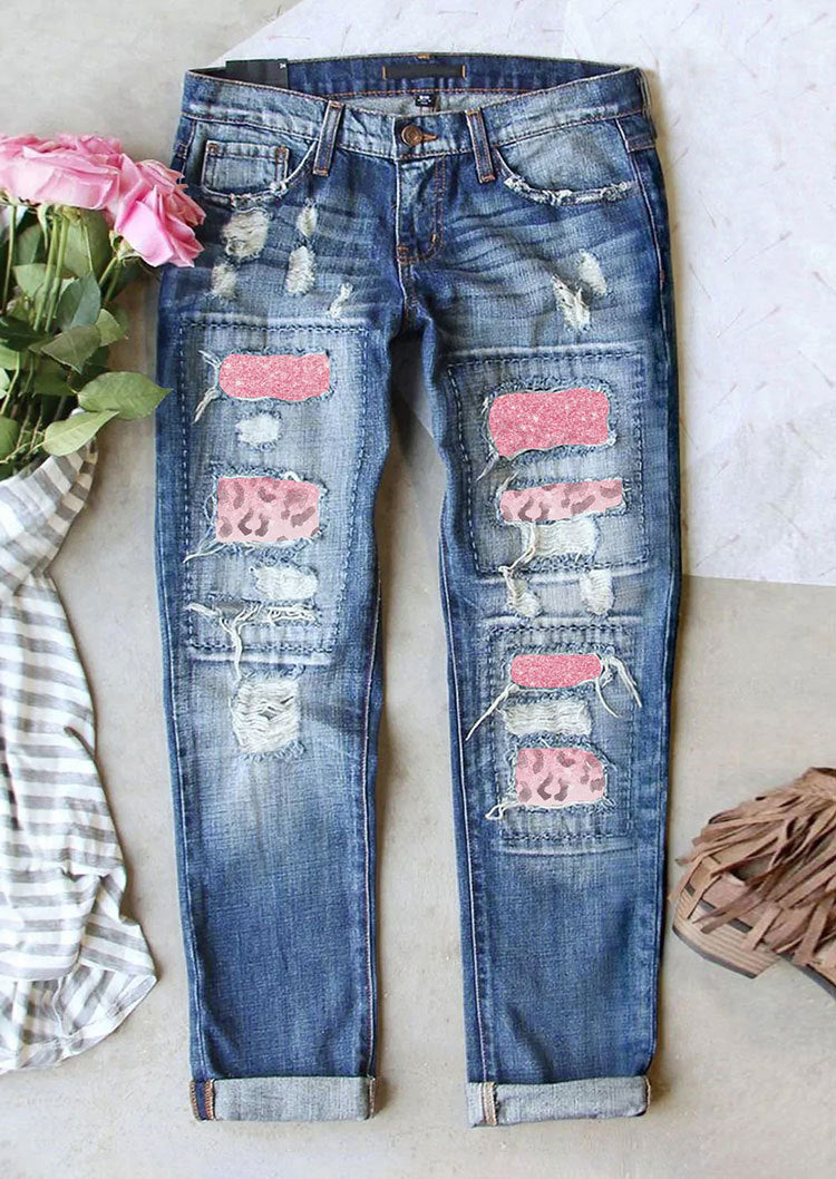 2025 Spring New Ripped Jeans Women's Express  Hot Sale Printed Patch Casual Versatile Pants