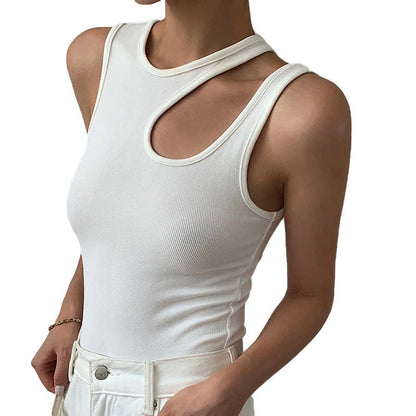 lovwvol going out outfits Women's Solid Color Hollow round Neck Sleeveless Slim Irregular T-shirt Women's Fashion Navel Top Vest Women