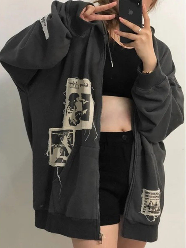 lovwvol 90s streetwear Baseball Uniform Cardigan Coat Women's Spring and Autumn Wide Zipper Loose Lazy Style Hooded Sweater