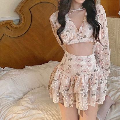 lovwvol frat boy outfits Floral Floral Puff Sleeve Shirt Top Women's Cake Skirt, Two-Piece Backless Shirt, Suit New