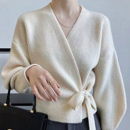 lovwvol teacher outfits Knitwear Bow Strap V-neck Women's High Waist Cardigan Sweater Women's Coat Outer Top French Style