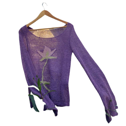 lovwvol knitted Purple Flower Mohair Knitted Top for Women Spring French Retro Loose Lazy Thin Hollow Sweater