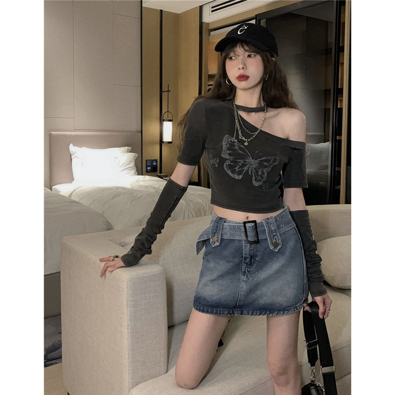 lovwvol grunge dti American Hot Girl off-Shoulder Short-Sleeved T-shirt Women's Summer Niche Slim-Fit off-Shoulder Halter Oversleeve Top Ins