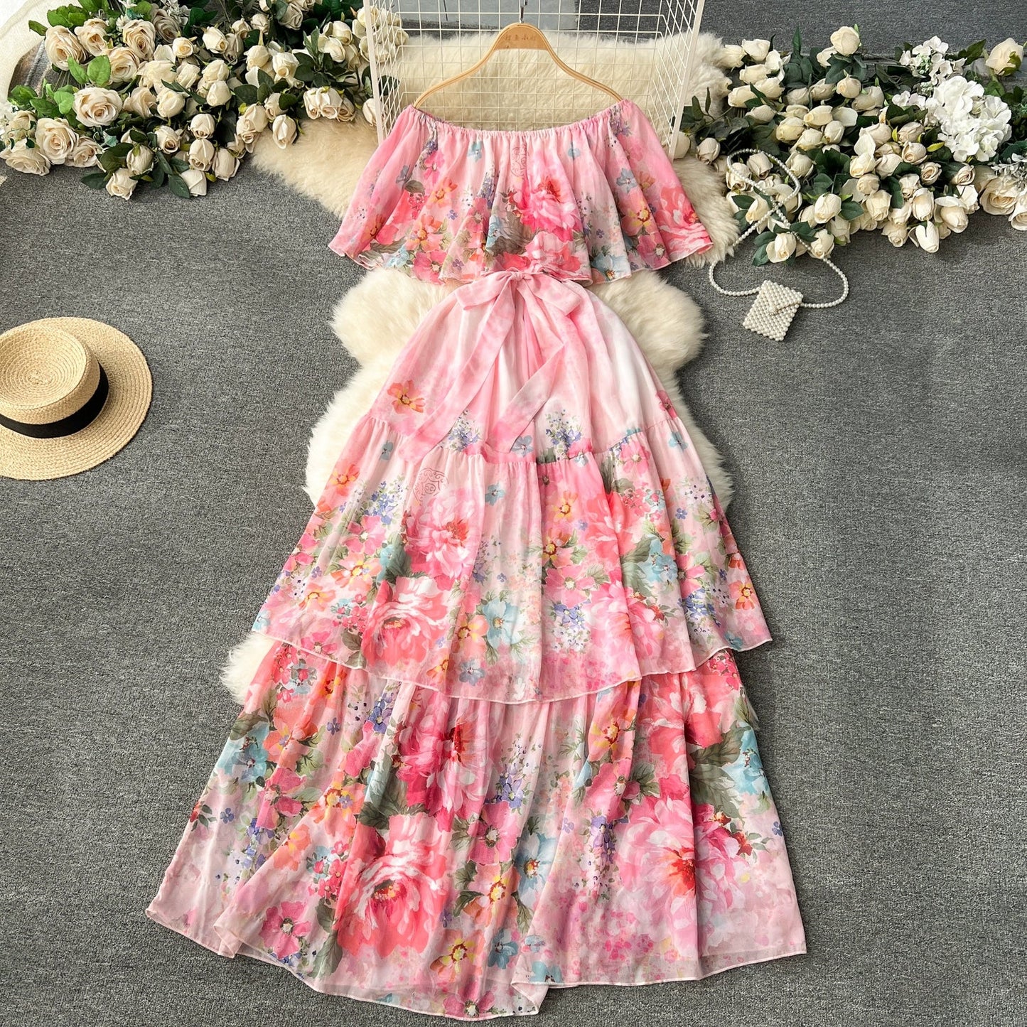 lovwvol Summer Runway Holiday Flower Cascarding Chiffon Dress Women Sexy Off Shoulder Ruffles Floral Print Boho Long Robe Vestidos