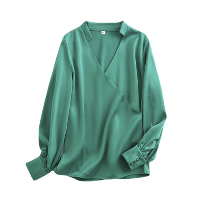 lovwvol work outfits women Spring New Satin Shirt French Style High-Grade Texture Wrap V-neck Puff Sleeve All-Match Shirt for Women