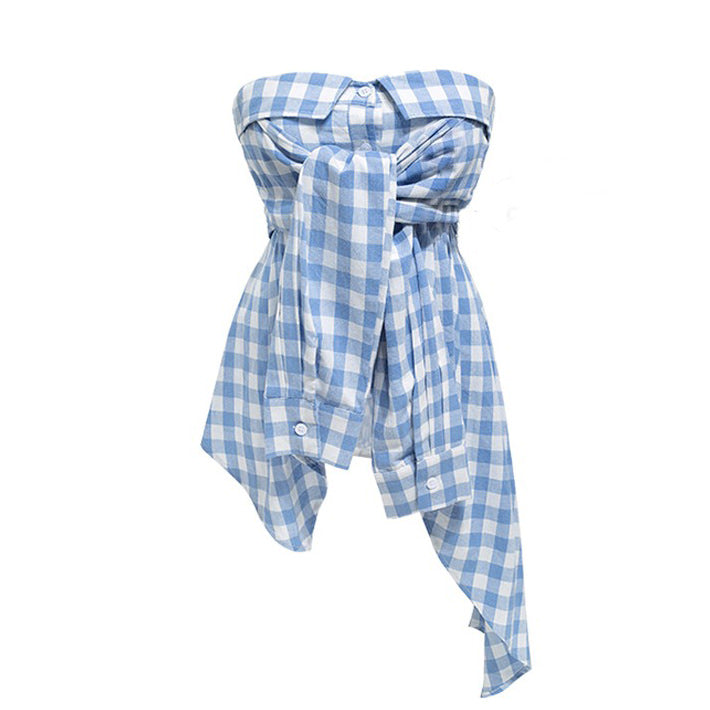 Baby Blue Plaid Off Shoulder Shirt