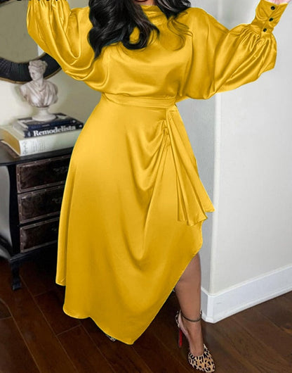 Autumn Women Satin Party Dress Casual O Neck Long Lantern Sleeve Silk Solid Oversize Evening Holiday Midi Sundress