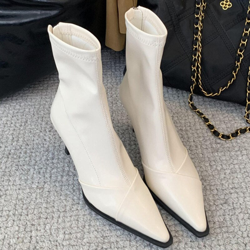 Fashion Women 7cm High Heels Chic Ankle Boots Winter Warm Fur Pointed Toe Sock Boots Beige Back Zipper Stretch Short Boots Shoes