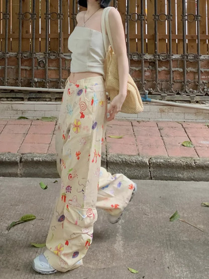 lovwvol Summer Women Painted Printing Pant Leisure Pocket Design Loose Cargo Pants Y2k Style Vintage Female Pantalones