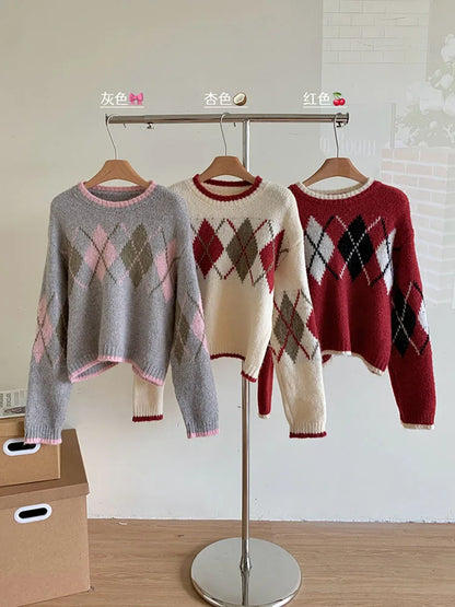 lovwvol Korean Fashion Knitted Pullovers Women Long Sleeve Autumn Winter Square Plaid Sweater Cozy Tide Loose Oversize Tops Harajuku