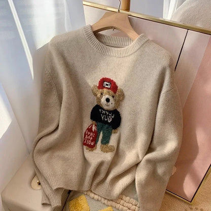 lovwvol Women's Sweet Vintage Knitting Long Sleeve Casual Pullovers 2024 Spring Winter Fashion Round Neck Bear Appliques Loose Sweater