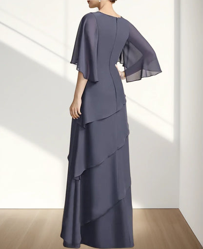 A-Line Mother of the Bride Dress Wedding Guest Elegant Floor Length Chiffon 3/4 Length Sleeve  with Cascading Ruffles