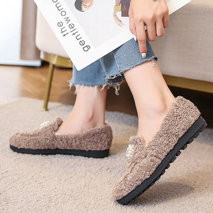 2023 new women's plush flat shoes Outdoor and office wear Fashion Brand Pearl Design winter warm snow boots Large size 41-43