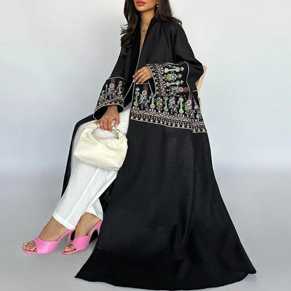 lovwvol Vintage Embroidered Printed Patchwork Women Jacket Elegant V-neck Long Sleeved Loose Cardigan 2024 Fall Office Robe Muslim Coat